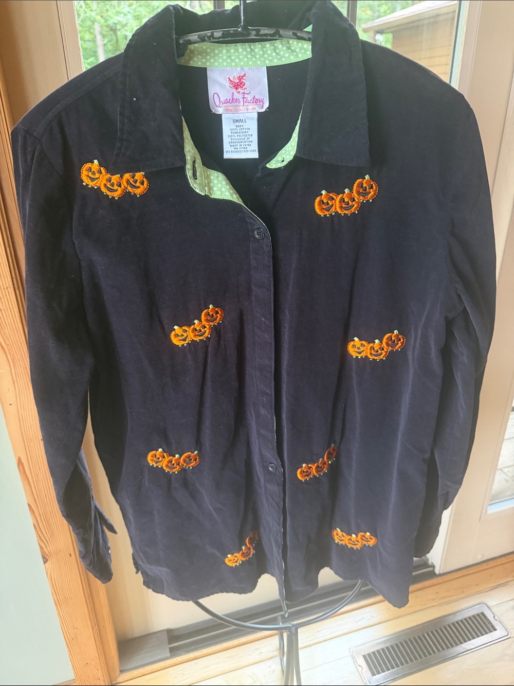 Vtg Quacker Factory Halloween Black Corduroy Button Up Blouse Beaded Pumpkins S